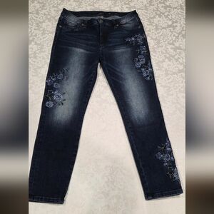 Miss Me Dark Blue Straight Leg Jeans with Blue Floral Embroidery